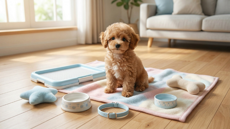 パステルカラーのブランケットに座るトイプードルの子犬と、周囲に綺麗に並べられたトイレやフードボウルなどの新しい飼育グッズ