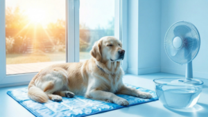 夏の暑い日、涼しい部屋のひんやりマットの上で、扇風機にあたりながら心地よさそうに眠るゴールデンレトリバー