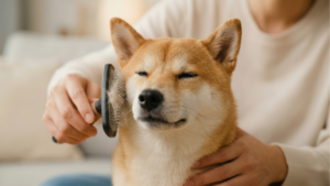 飼い主に専用ブラシでブラッシングされ、うっとりと気持ちよさそうに目を細める柴犬の顔のアップ