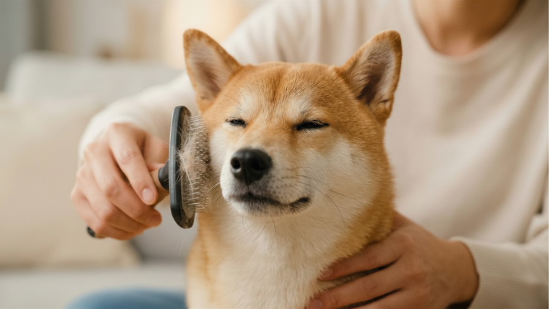 飼い主に専用ブラシでブラッシングされ、うっとりと気持ちよさそうに目を細める柴犬の顔のアップ
