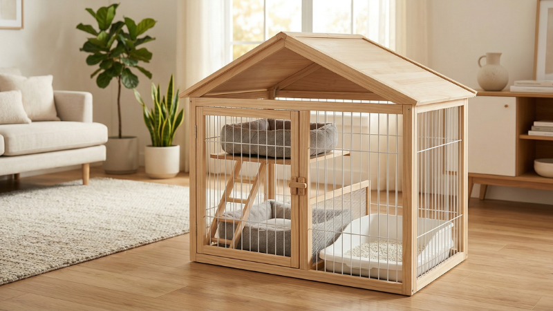 ナチュラルウッドと白いワイヤーで作られた、屋根付きのスタイリッシュなペット用サークル。内部はくつろぎスペースとトイレエリアに分かれており、明るい北欧風のリビングルームの木目の床に置かれています。