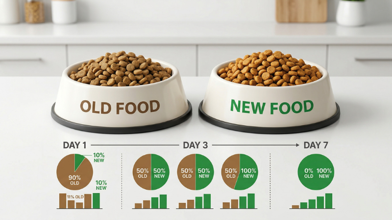清潔なキッチンカウンターに並ぶ2個のフードボウル。『OLD FOOD』と『NEW FOOD』の割合を、1日目(90%:10%)から7日目(0%:100%)まで段階的に変えていく手順を視覚的に示すインフォグラフィック。