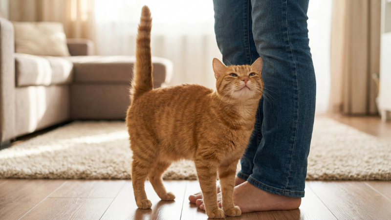 明るく温かいリビングで、しっぽを垂直に立てて、甘える表情で飼い主の足元に体をすり寄せる茶トラ猫の横長写真。