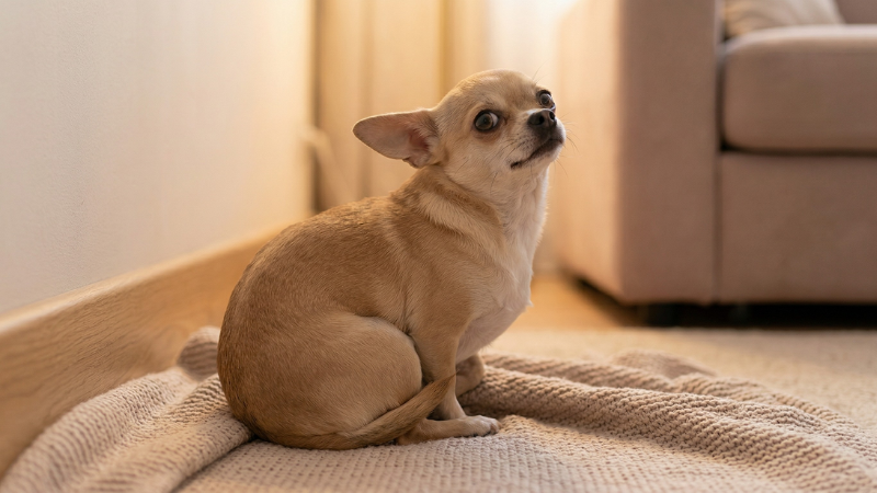 柔らかい光の室内で、不安そうな上目遣いで飼い主を見つめ、後ろ足の間にしっぽを巻き込んで部屋の隅に座るチワワの横長写真。