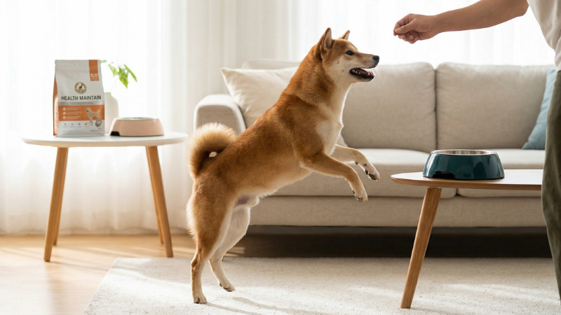 明るいリビングルームで、飼い主の手に向かって嬉しそうに飛び跳ねる健康的で筋肉質の柴犬(成犬)。横のテーブルの上には『HEALTH MAINTAIN』と書かれたフードのパッケージがある。